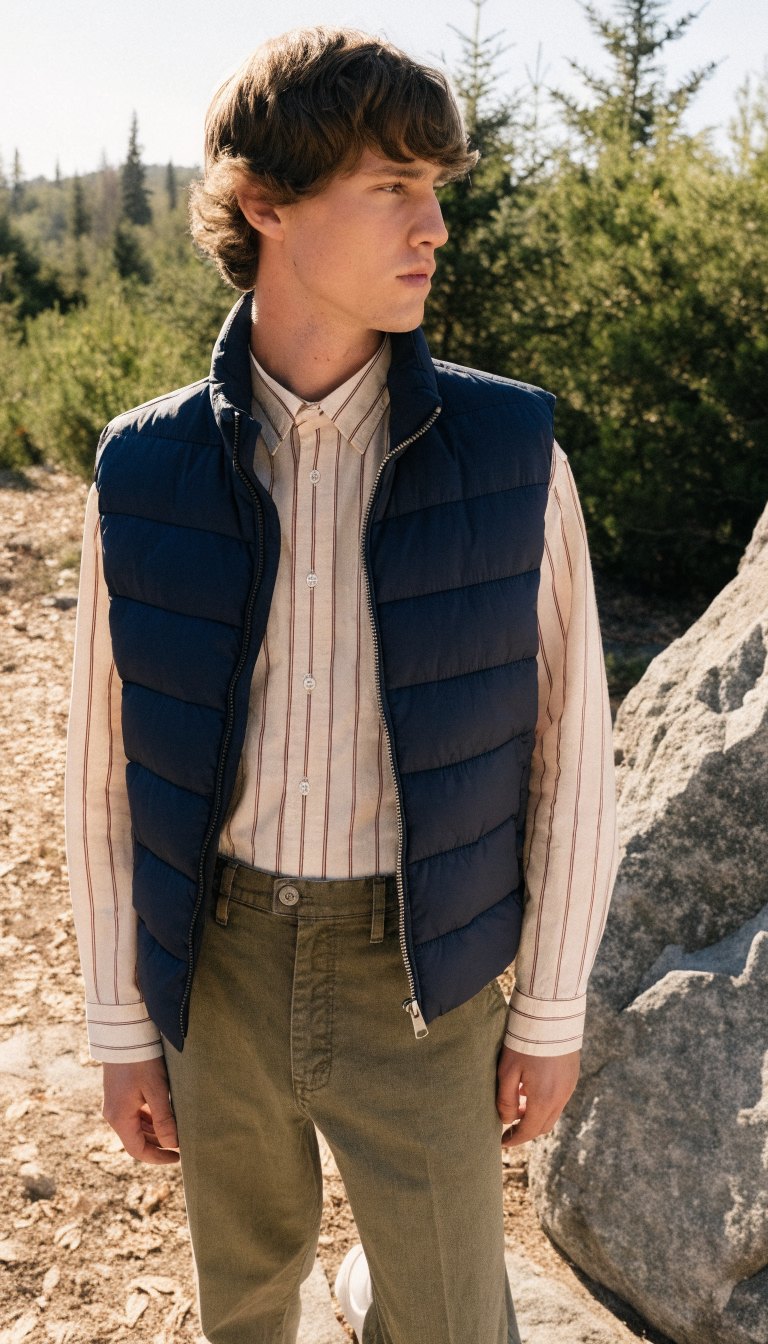 navy quilted vest over striped long sleeve with chinos for crisp camp morning