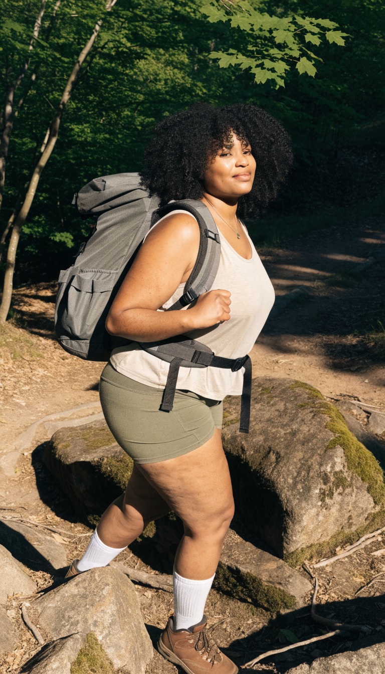 Plus-size woman in hiking shorts and loose tank on sunny trail