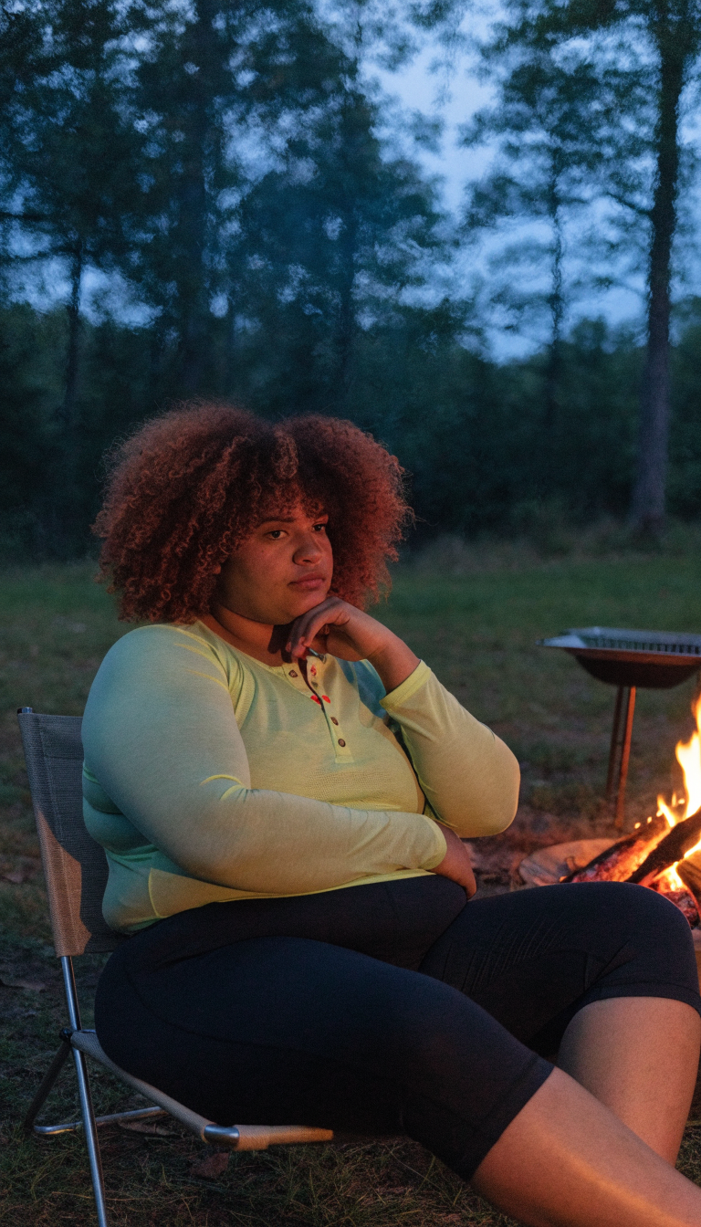 Plus-size woman in black capris and green henley by campfire at dusk