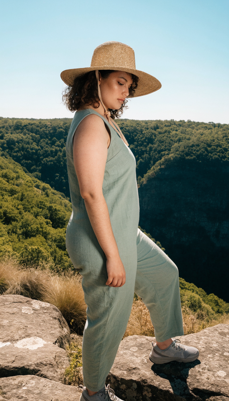 Plus-size woman in sage jumpsuit and sun hat at sunny rocky overlook