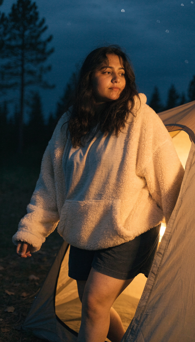 Woman in sleep shorts, soft tee and cozy hoodie outside tent at night