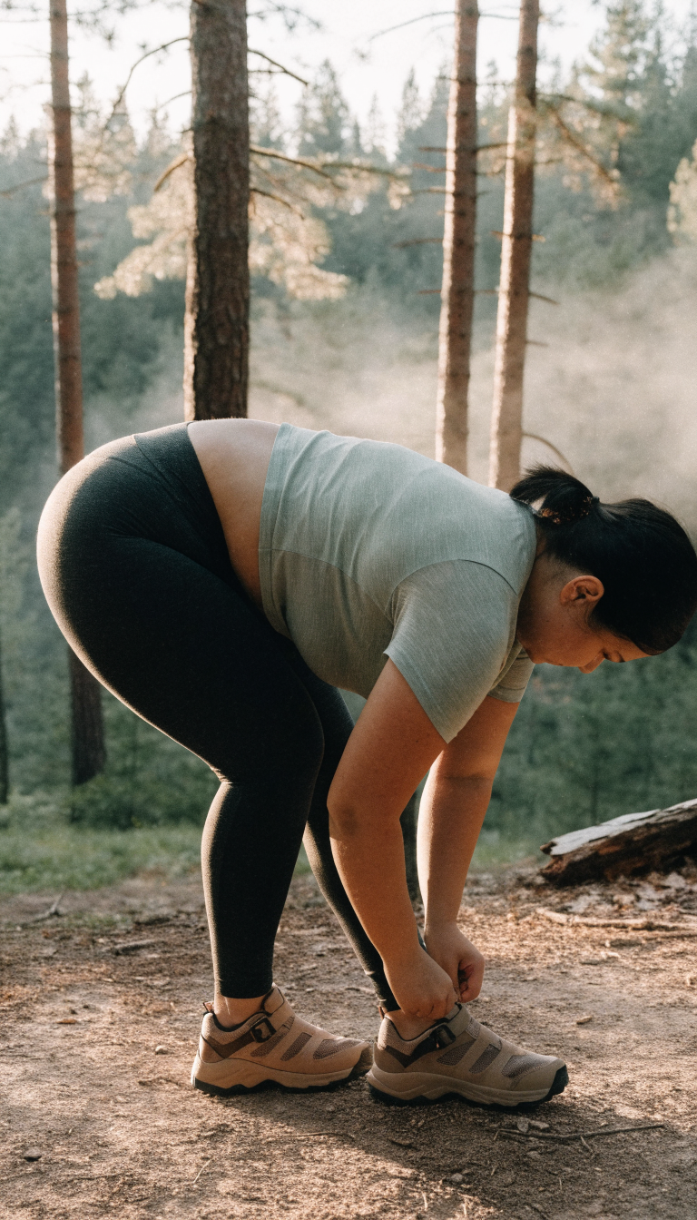 Plus-size woman in dark leggings and cropped tee tying shoe on morning trail