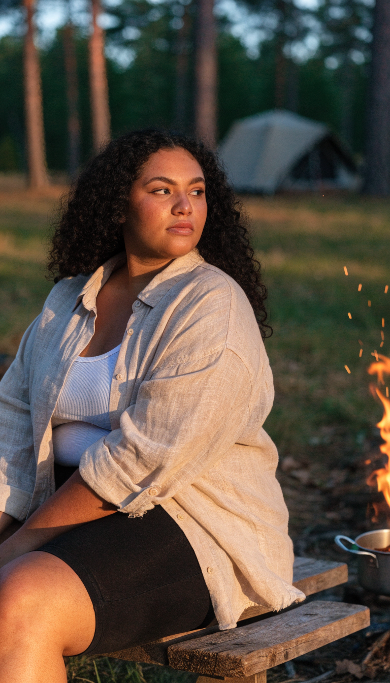 Plus-size woman in black biker shorts and open beige shirt relaxing by campfire at dusk