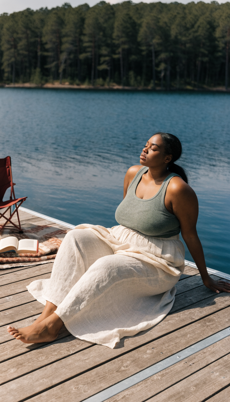 Plus-size woman in cream linen wide-leg pants and tank relaxing on a lake dock