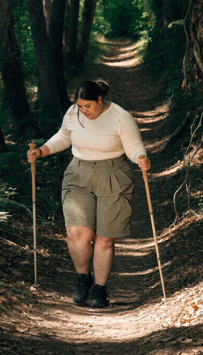 Plus-size woman hiking a lush forest trail in cargo pants and long-sleeve top