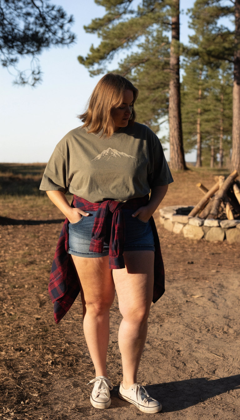 Plus-size woman in denim shorts, green tee, and waist-tied flannel at sunny campsite