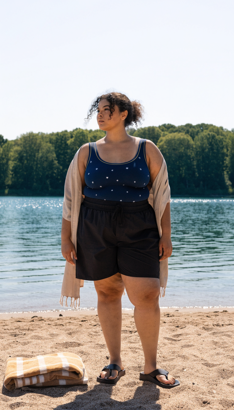Plus-size woman in swim top and board shorts with cover-up at sunny lake shore