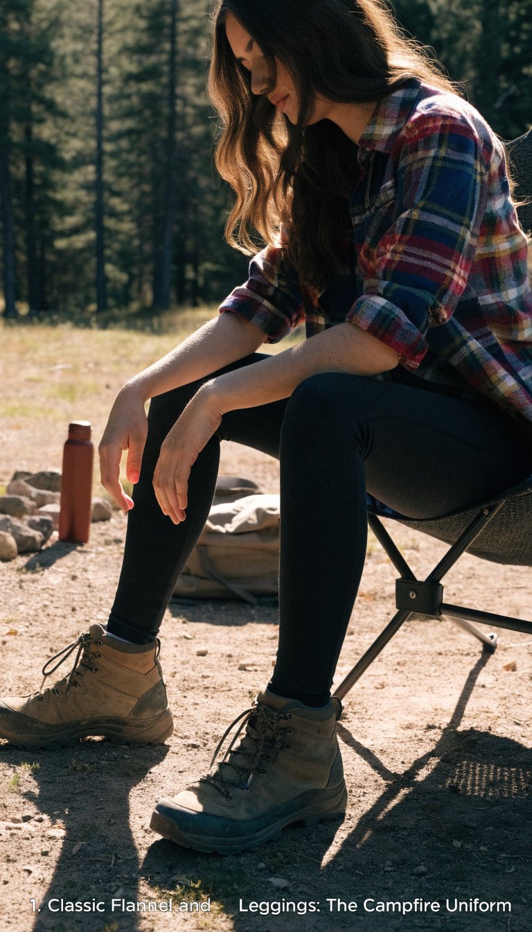 woman in plaid flannel shirt black leggings and hiking boots at campsite