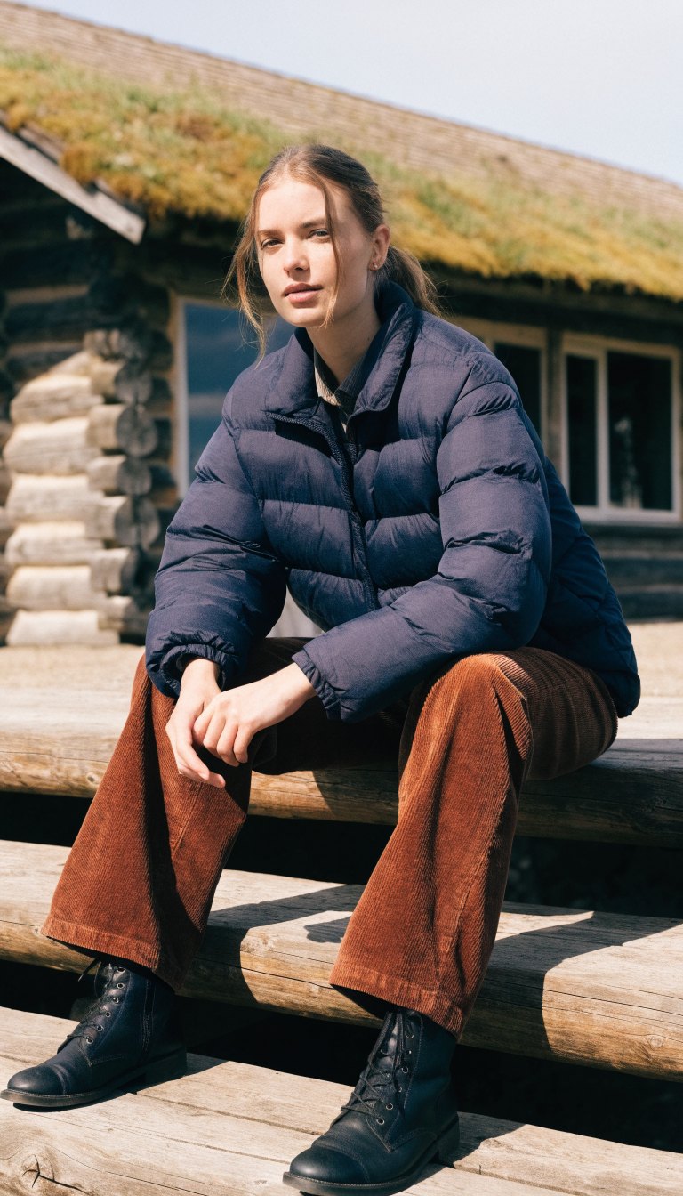 woman in quilted jacket corduroy pants and ankle boots at cabin