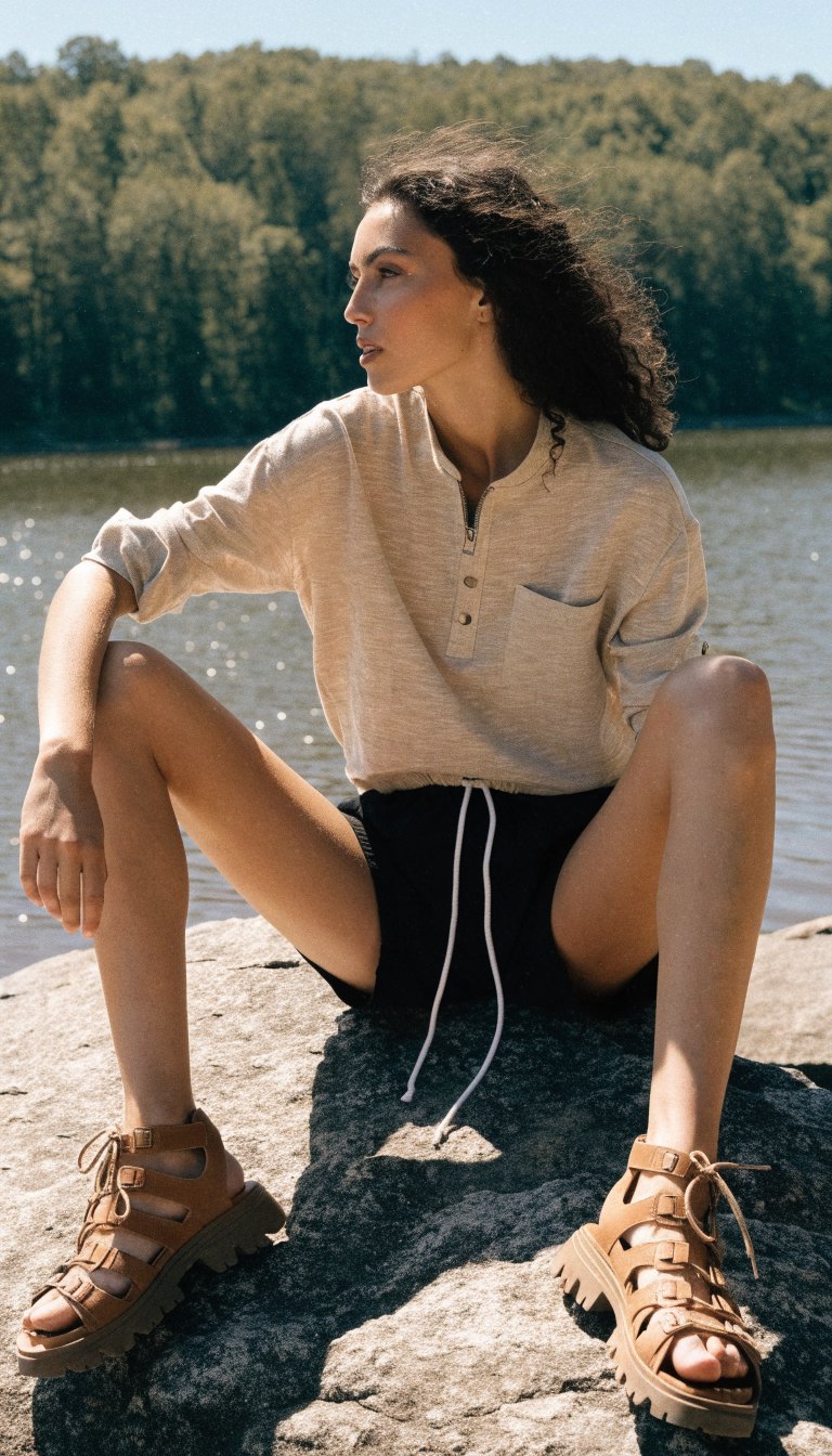 woman in henley top drawstring shorts and hiking sandals by lake