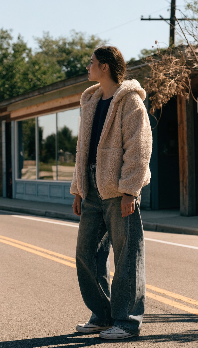 woman in sherpa jacket wide leg jeans and sneakers in camp town