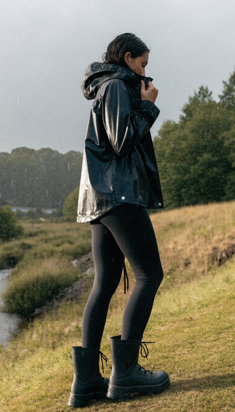 woman in rain shell jacket leggings and waterproof boots in rain