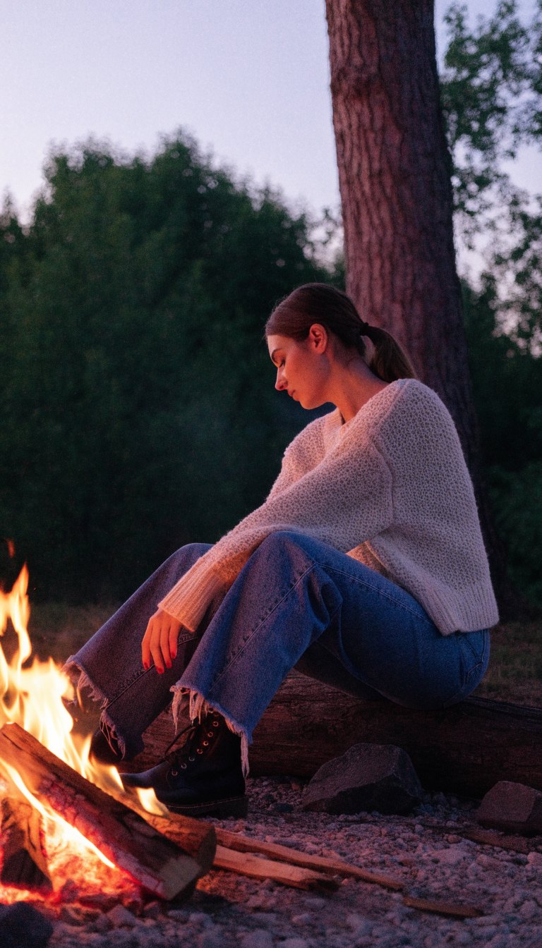woman in chunky knit sweater jeans and leather boots by campfire evening