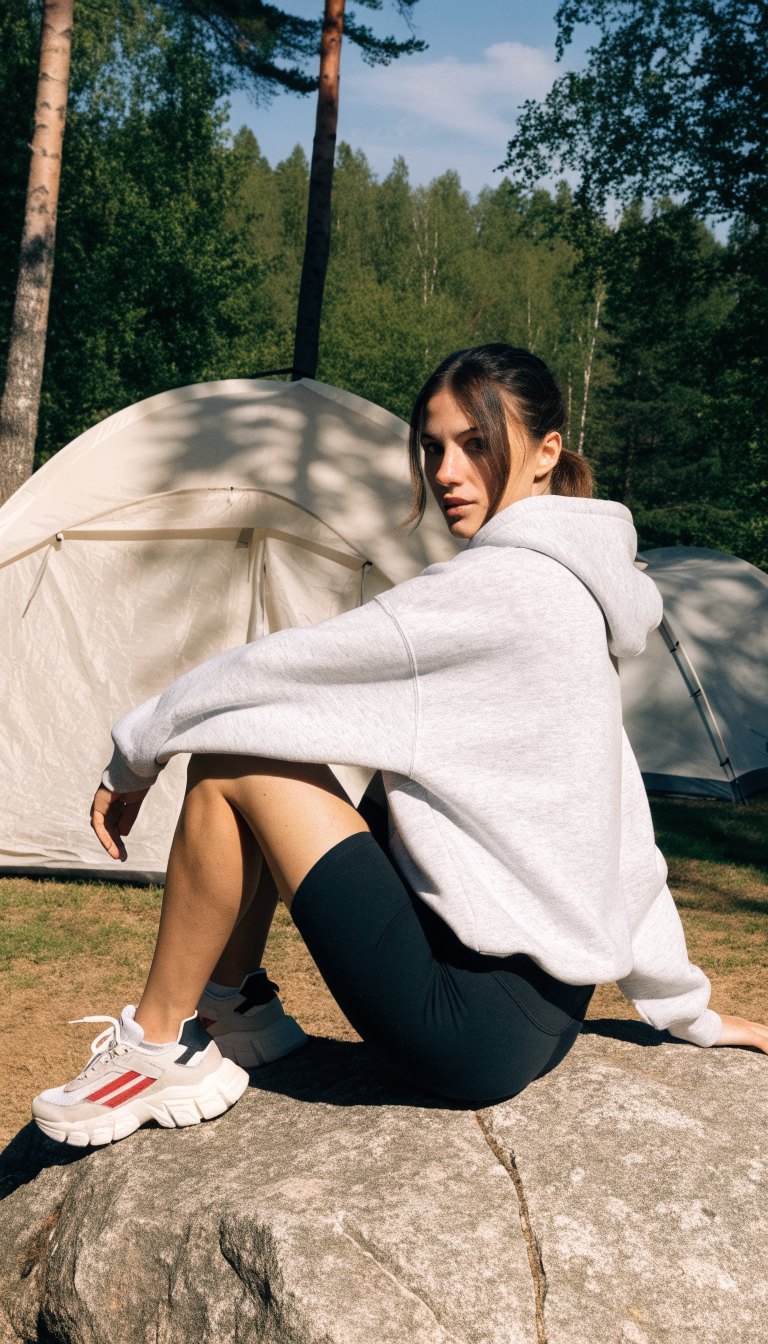 woman in oversized fleece hoodie biker shorts and sneakers at campsite morning