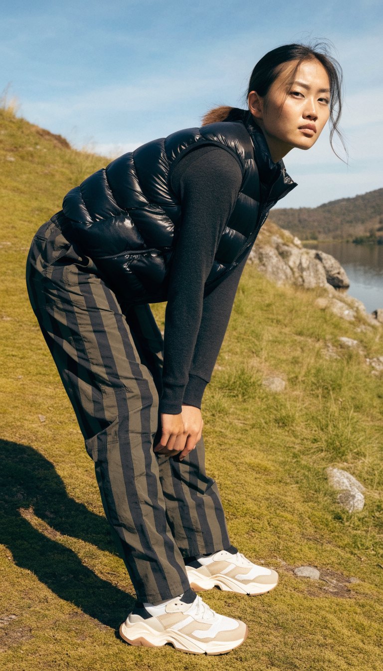 woman in puffer vest thermal long sleeve and trail pants outdoors