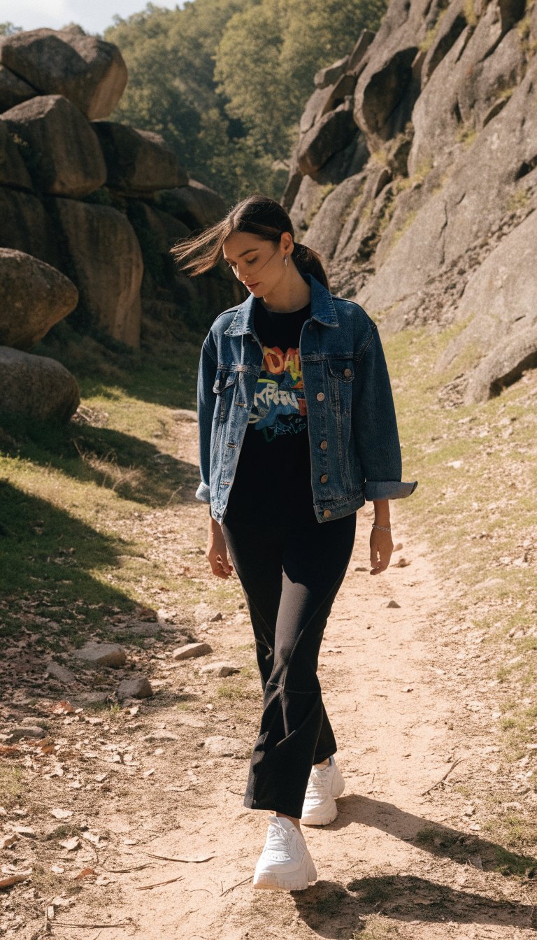 woman in denim jacket graphic tee leggings and sneakers on trail