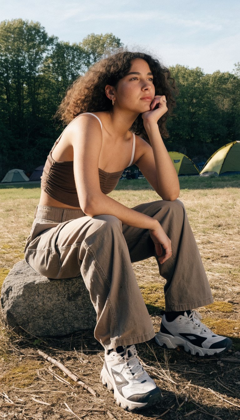 woman in tapered cargo pants cropped tank and trail sneakers camping