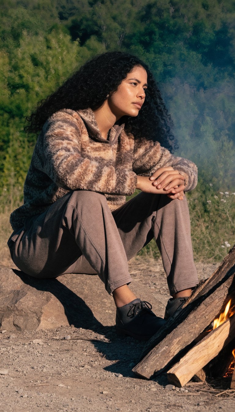 woman in cozy fleece pullover joggers and camp shoes by campfire