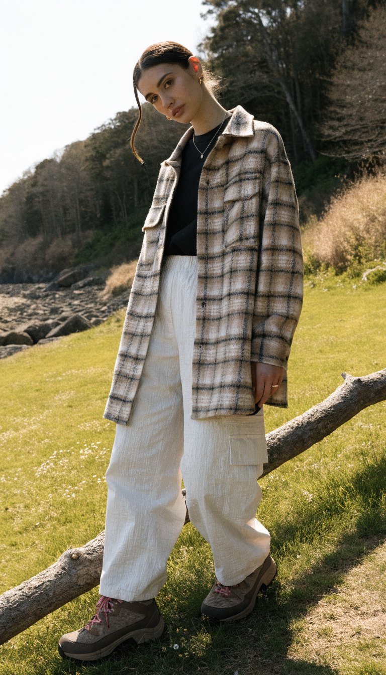 woman in plaid shacket tee and trail pants with hiking boots