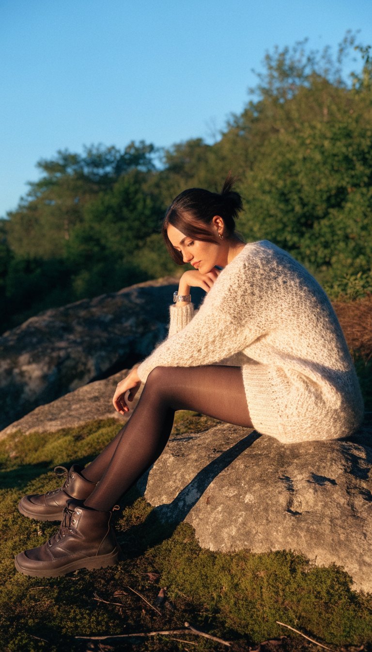 woman in chunky knit sweater dress tights and hiking boots glamping