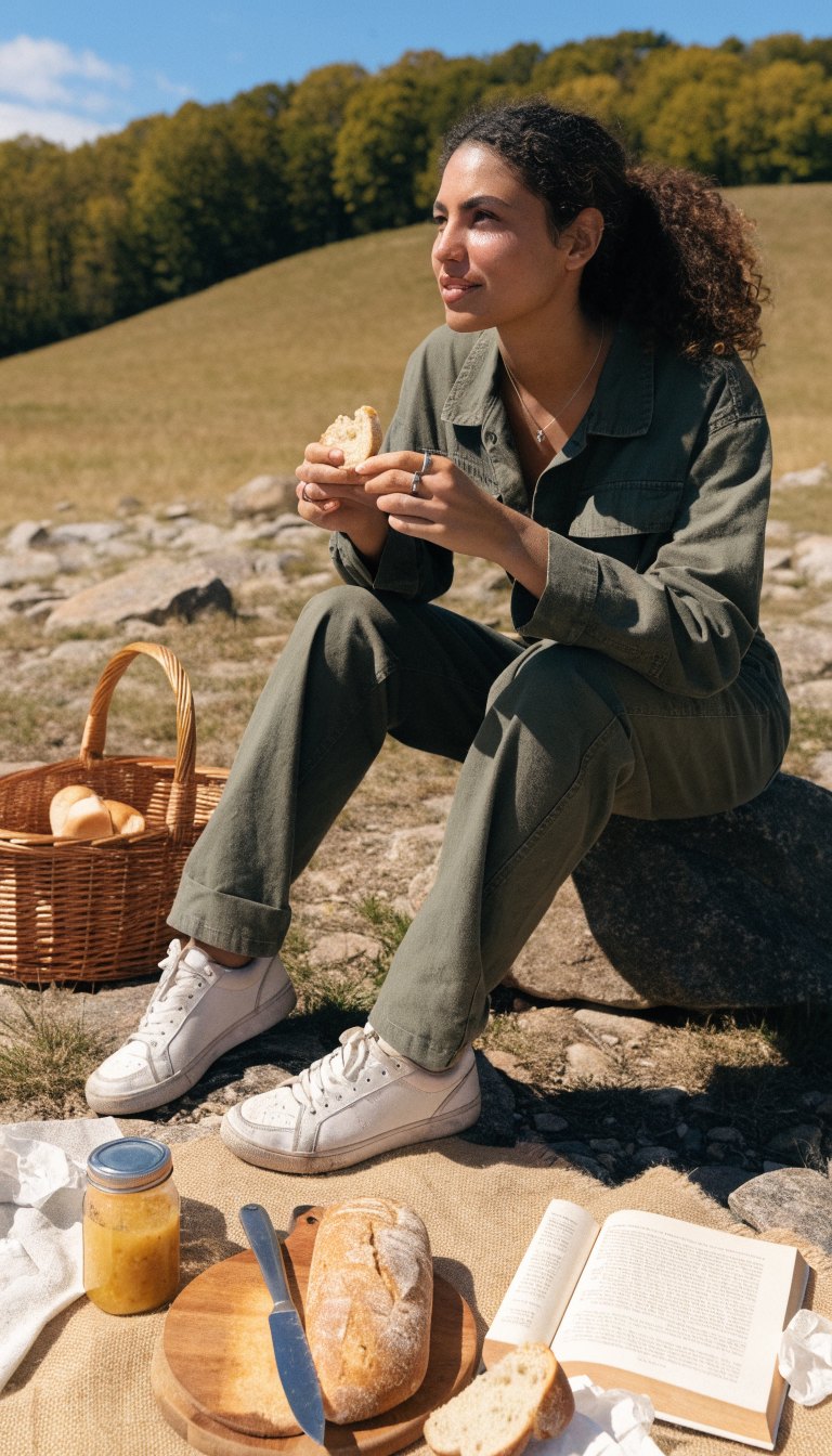 woman in olive utility jumpsuit and sneakers on camping picnic