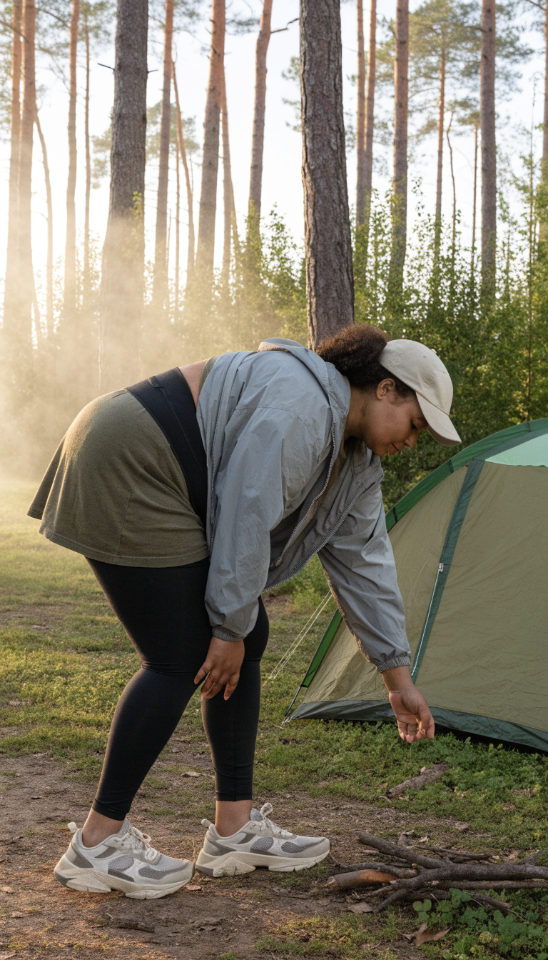 Plus-size woman in black leggings and oversized tee collecting firewood by tent in morning