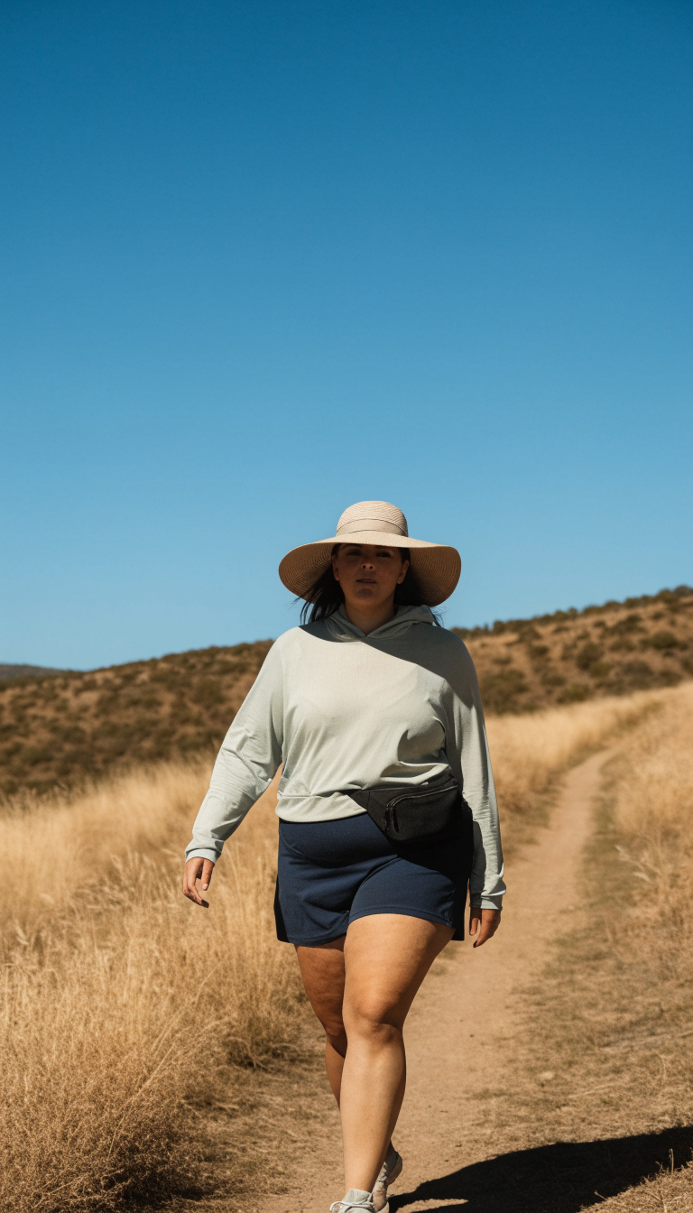 Plus size woman in skort and sun hoodie hiking on sunny open trail