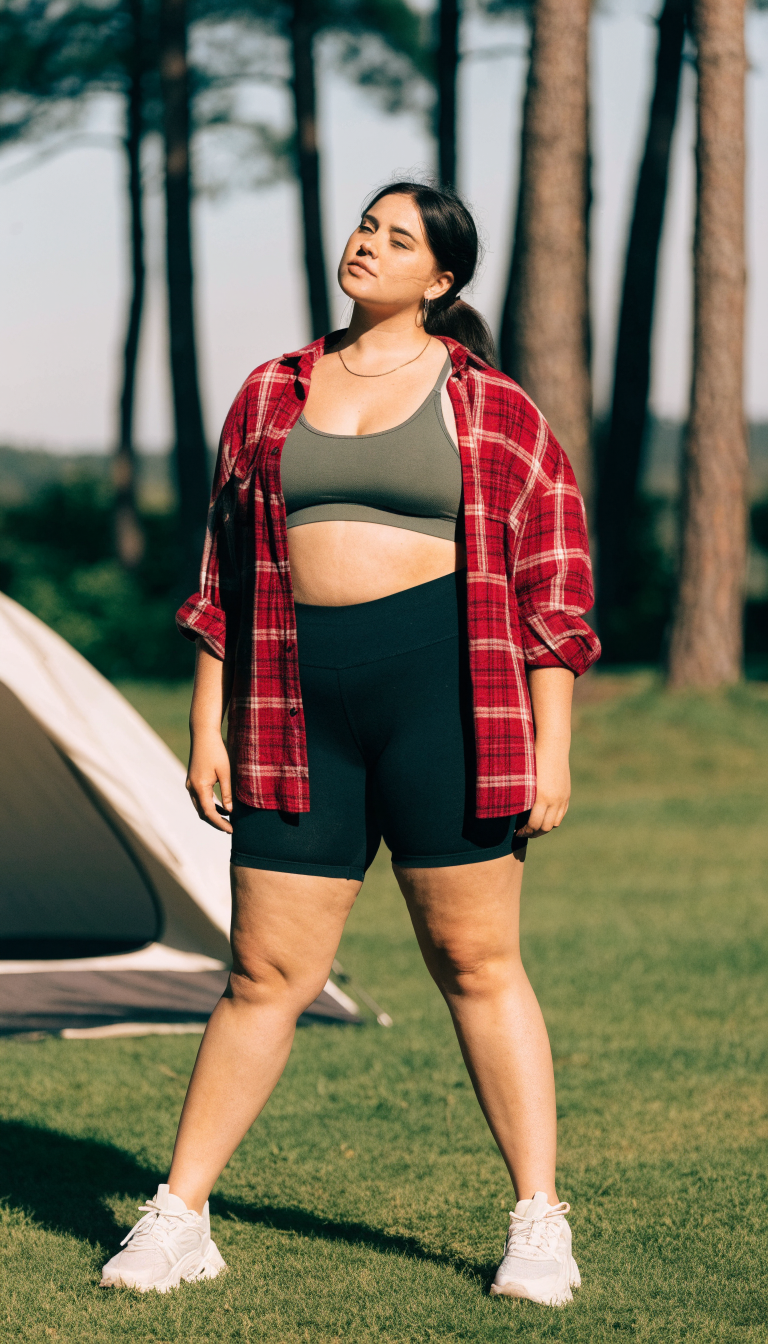Plus size woman in biker shorts, sports bra and open flannel at sunny campsite