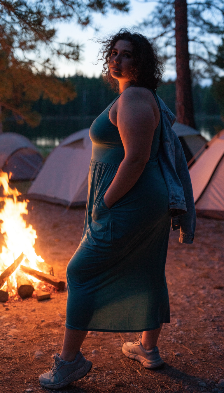 Plus-size woman in teal midi dress and trail sneakers by a campfire at dusk