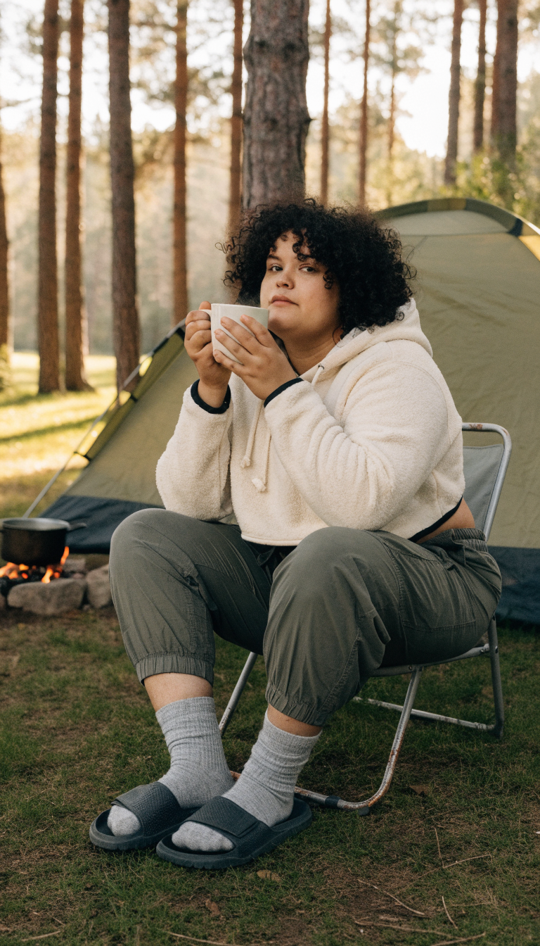 Plus size woman in cargo joggers and cropped hoodie sitting at cozy campsite