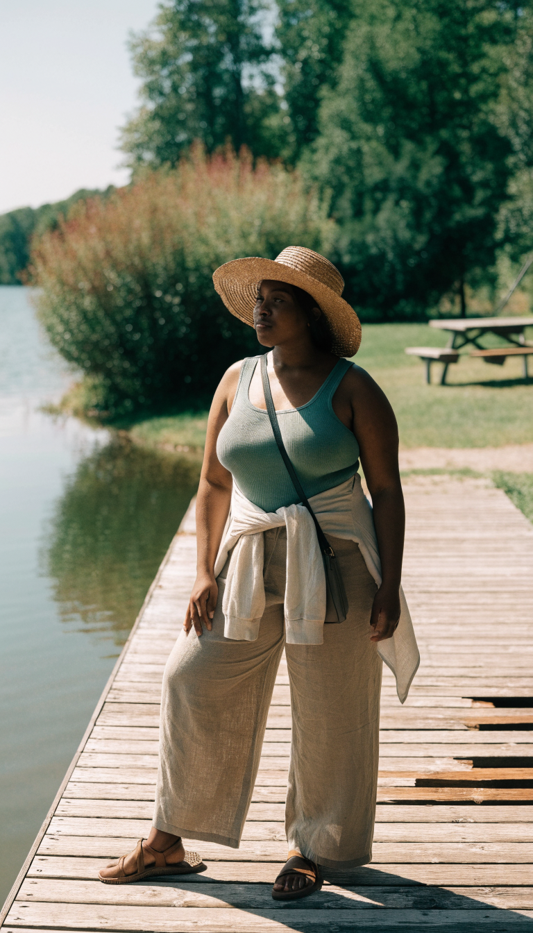 Plus-size woman in linen wide-leg pants and tank standing on a lakeside dock