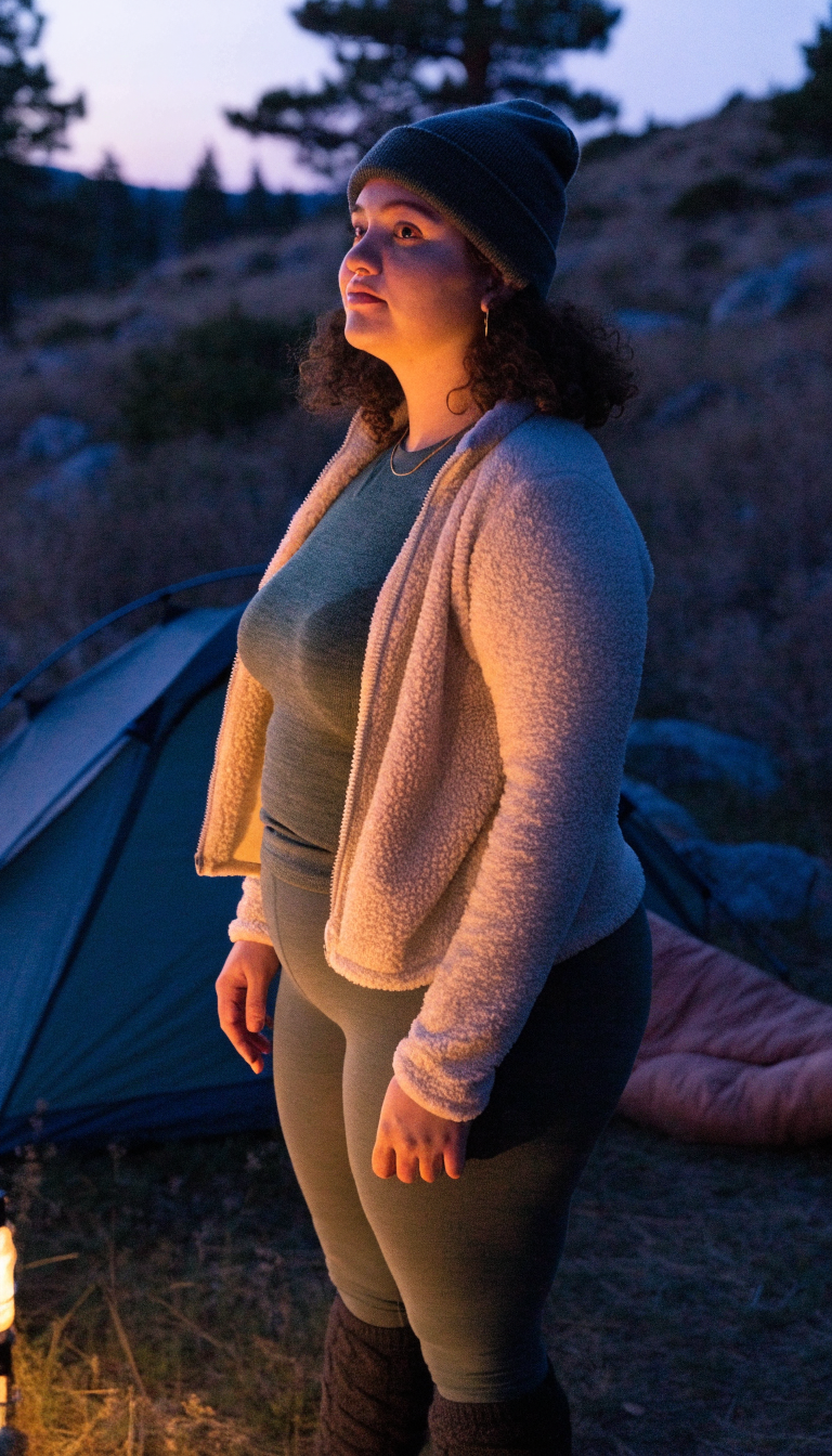 Plus-size woman in thermal base layers and fleece at a mountain campsite at dusk