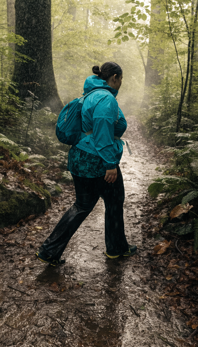 Plus-size woman in hooded rain jacket and rain pants hiking a rainy forest trail