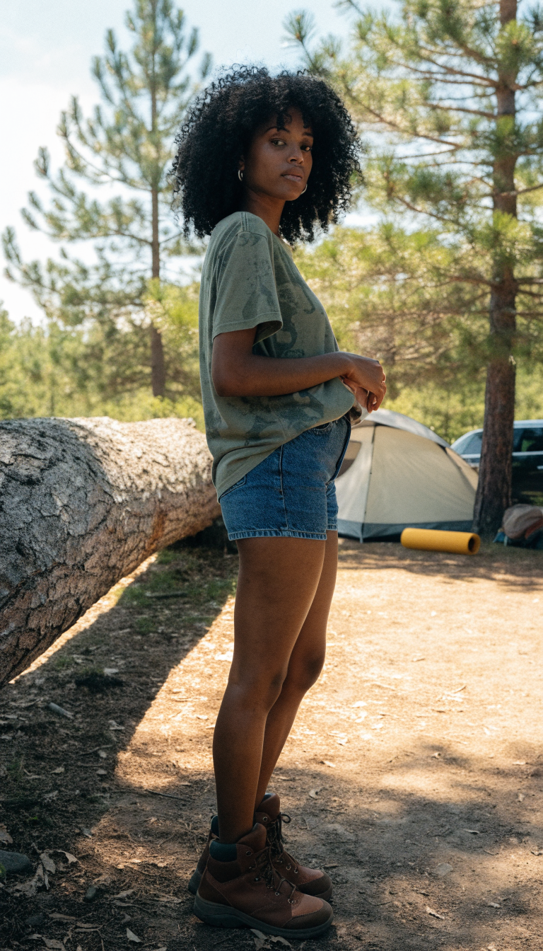 Plus size woman in denim shorts, tee and hiking boots at a forest campsite