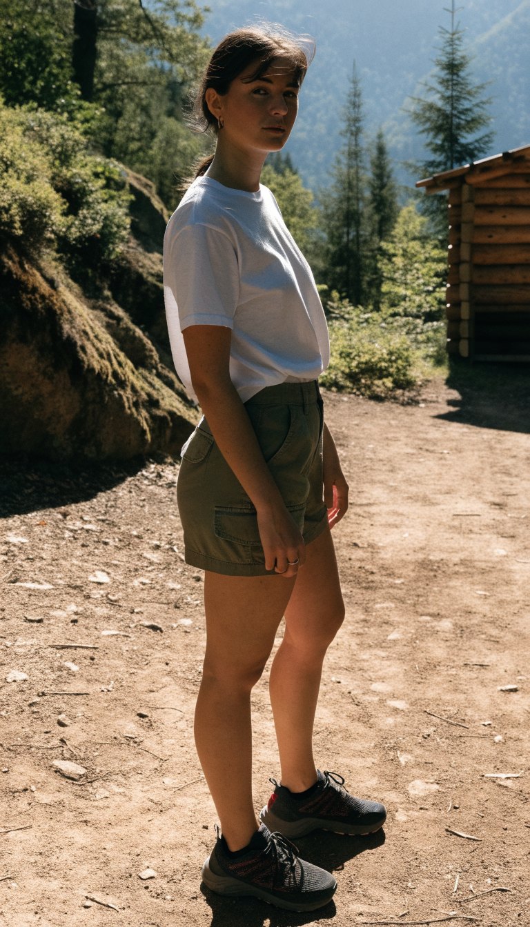 woman in white tee and olive cargo shorts with trail runners on morning hiking trail at campsite