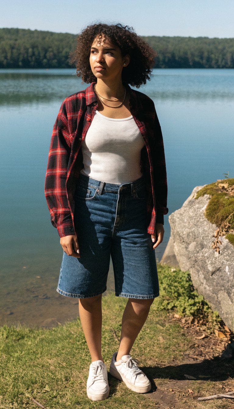 woman in open plaid shirt over white tank with jean shorts and sneakers at lake campsite