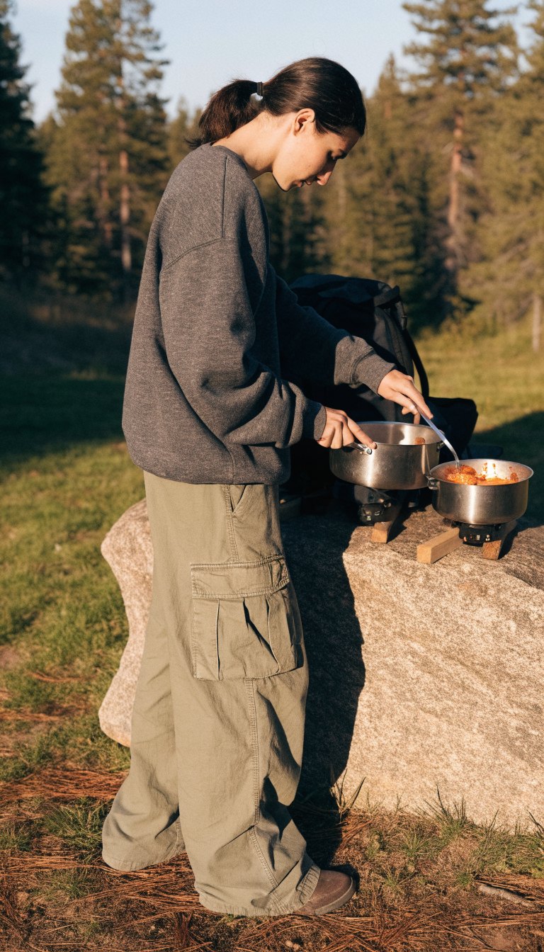 camper in crewneck sweatshirt and roomy cargo pants with trail sneakers cooking at campsite