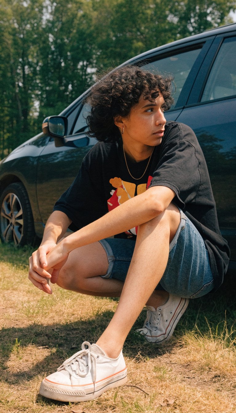 camper in graphic tee and denim shorts with canvas sneakers on car camping weekend