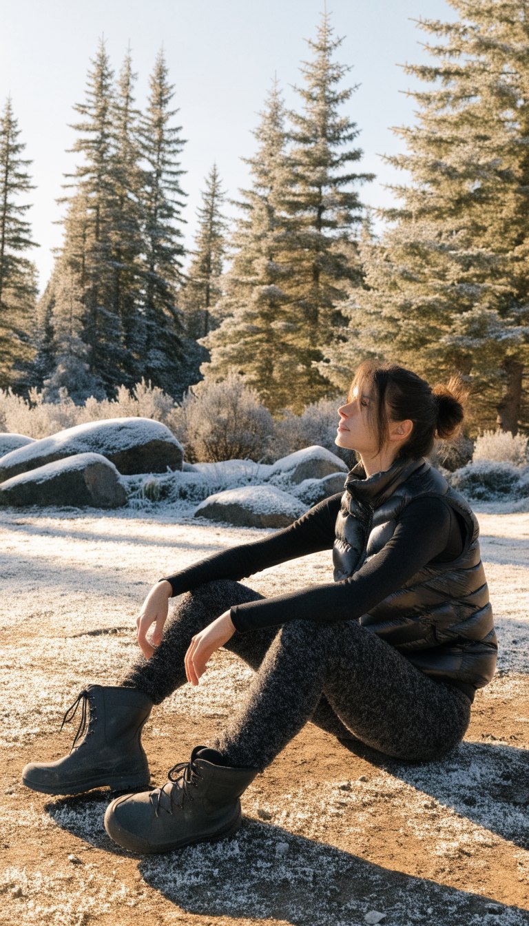 woman in thermal base layer puffer vest and fleece leggings with boots on frosty campsite morning