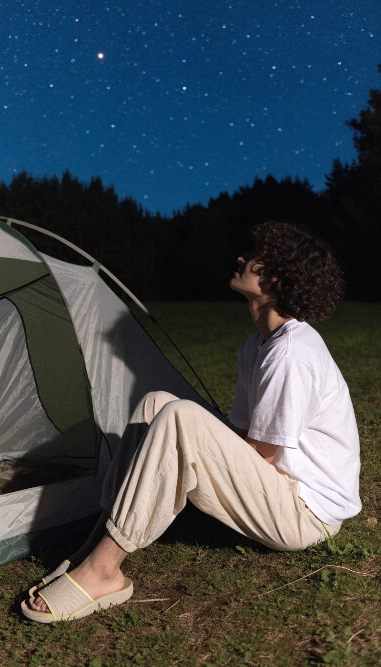 camper in soft clean tee and loose lounge pants with camp slides stargazing outside tent at night