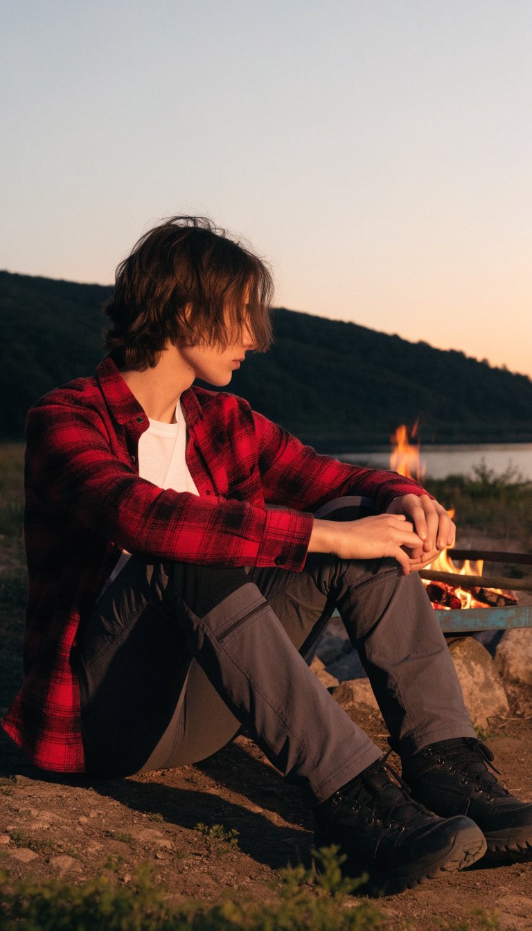 camper wearing flannel shirt over tee with hiking pants and boots by campfire at sunset