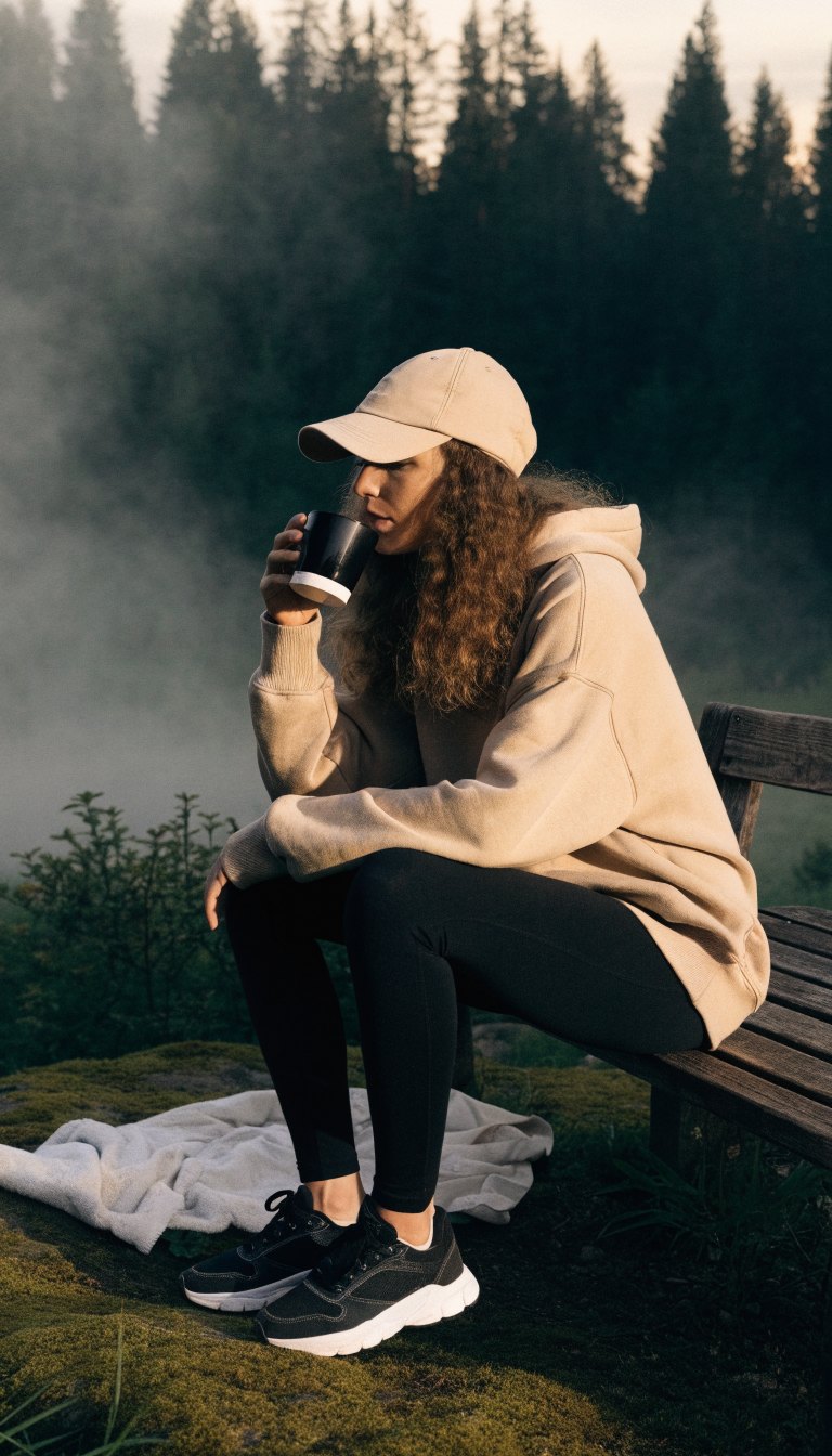 woman in oversized hoodie and black leggings with sneakers drinking coffee at misty campsite morning