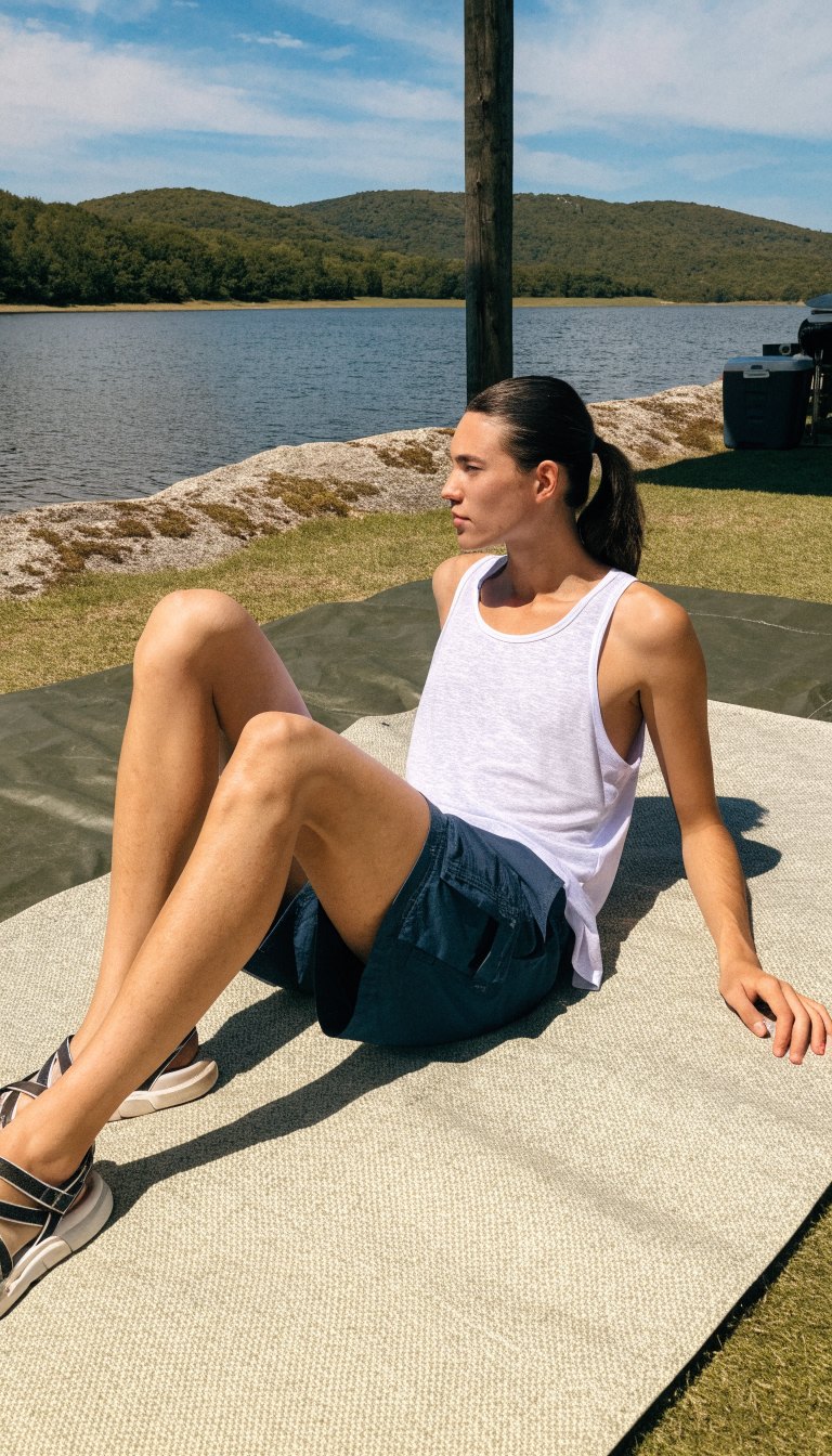 camper in breathable tank top and quick dry shorts with sport sandals at lake campsite