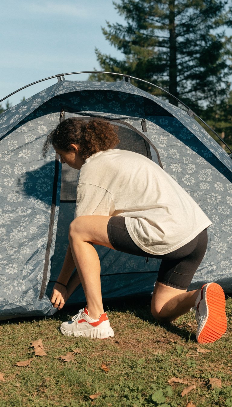 woman in oversized tee and black bike shorts with chunky sneakers setting up tent at campsite