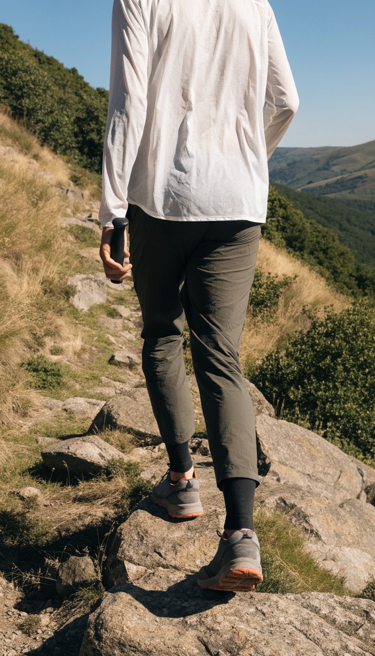 hiker in light long sleeve sun shirt and tapered trail pants with trail runners on exposed trail