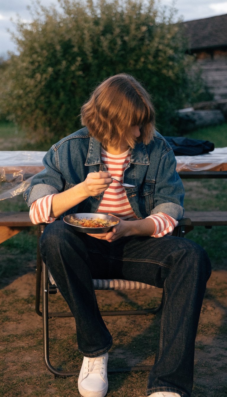 camper in denim jacket striped tee and jeans with white sneakers at camp dinner evening