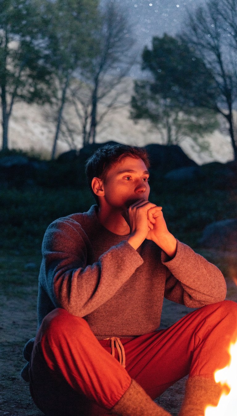 person in fleece pullover and warm joggers with camp socks by nighttime campfire