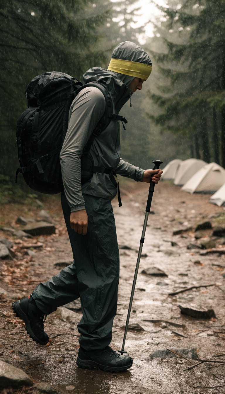 hiker in rain jacket base layer rain pants and waterproof boots hiking in rain at campsite