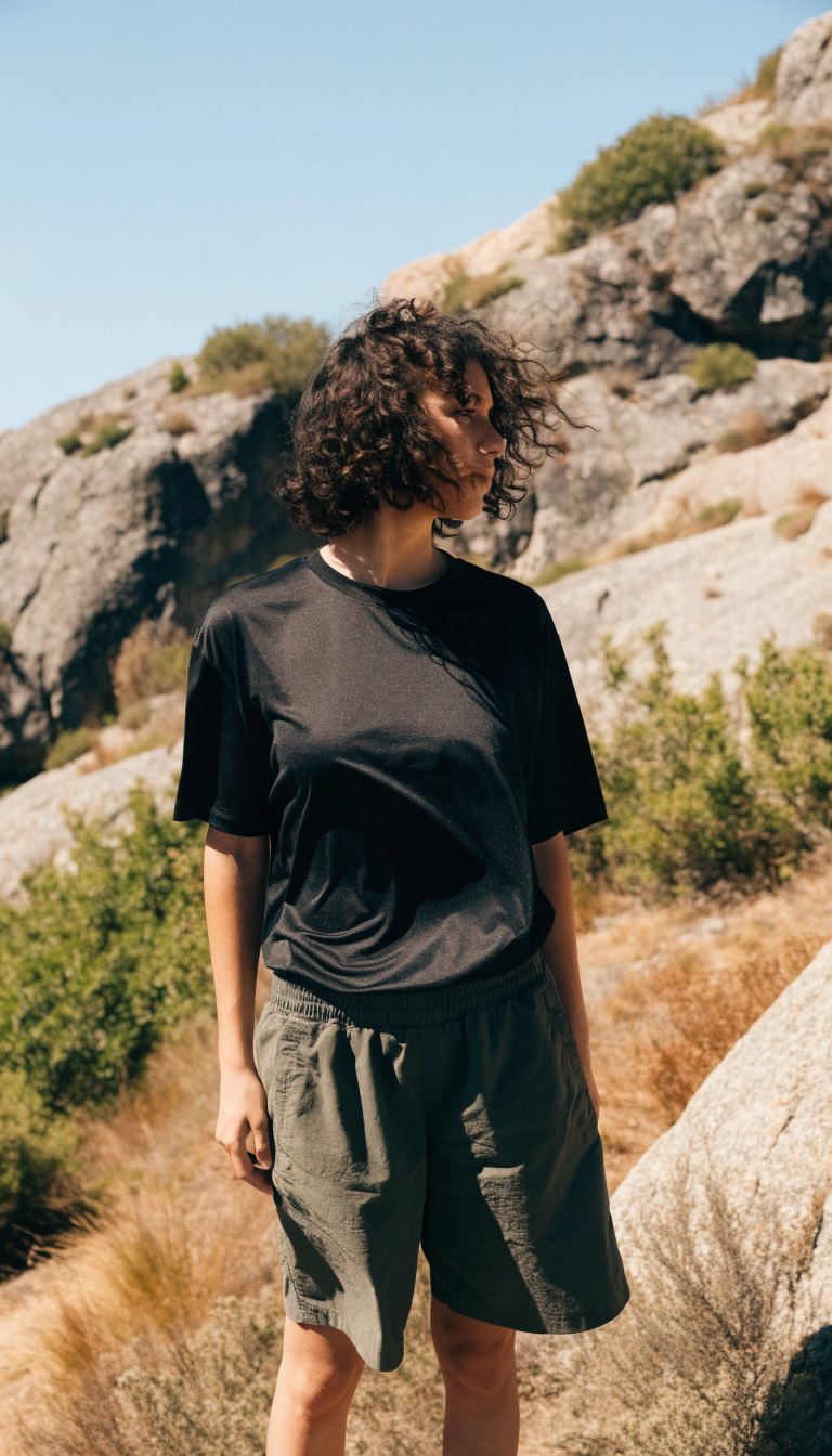 men's summer camping trail day outfit with quick-dry tee and hiking shorts