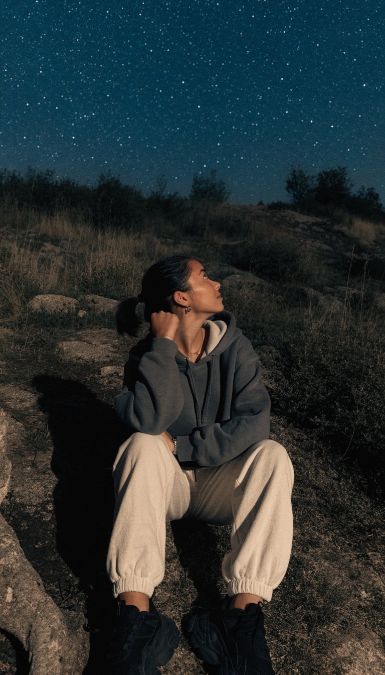 men's summer camping stargazing outfit with hoodie and joggers at night